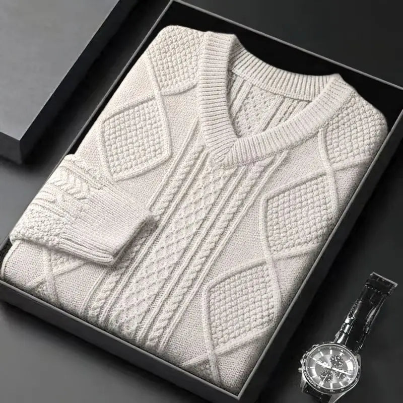 William | Men's Cable Knit V-Neck Wool Pullover Sweater