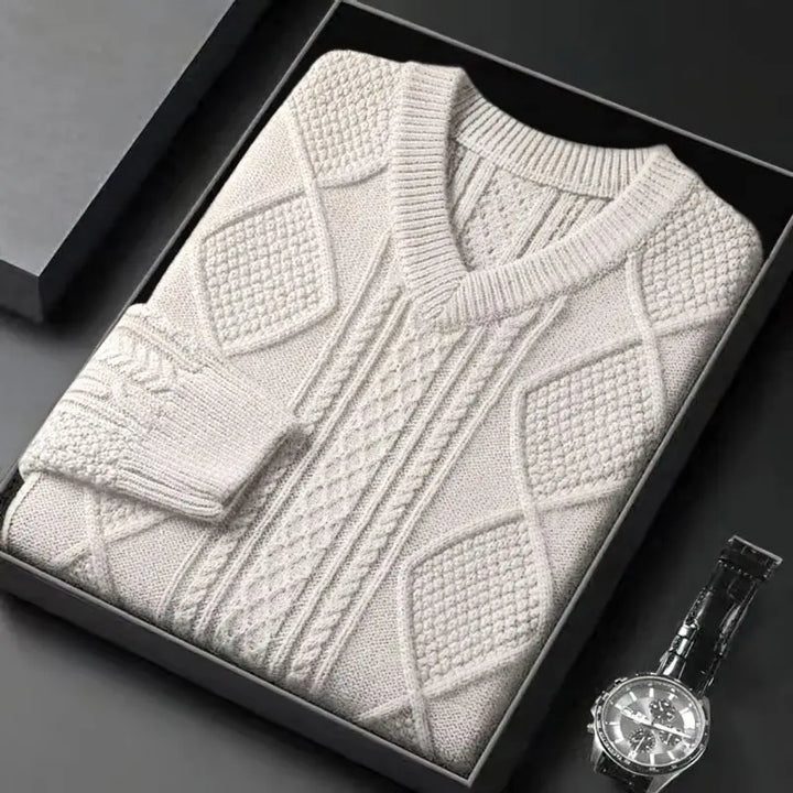 William | Men's Cable Knit V-Neck Wool Pullover Sweater