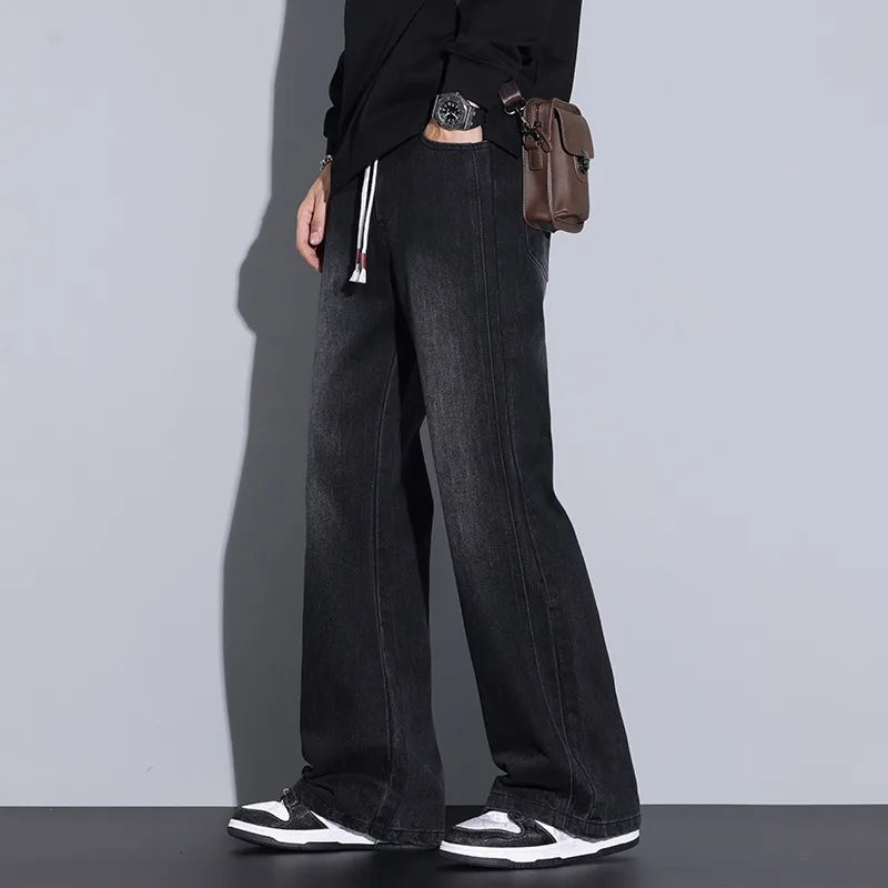 Men's Wide-Leg Denim Jeans with Drawstring Waist