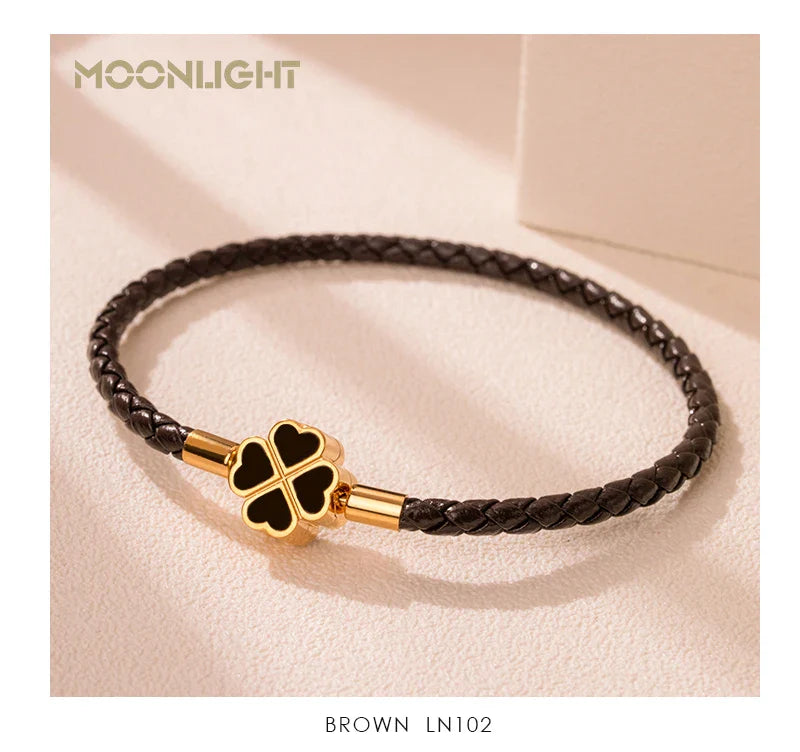 Women's Braided Leather Lucky Bracelet with Four Leaf Clover-The Yellow Prime