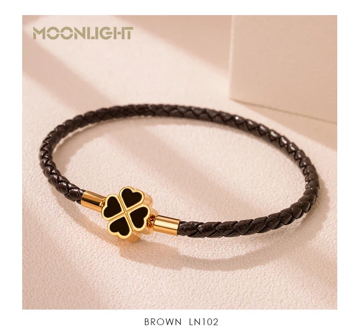 Women's Braided Leather Lucky Bracelet with Four Leaf Clover-The Yellow Prime