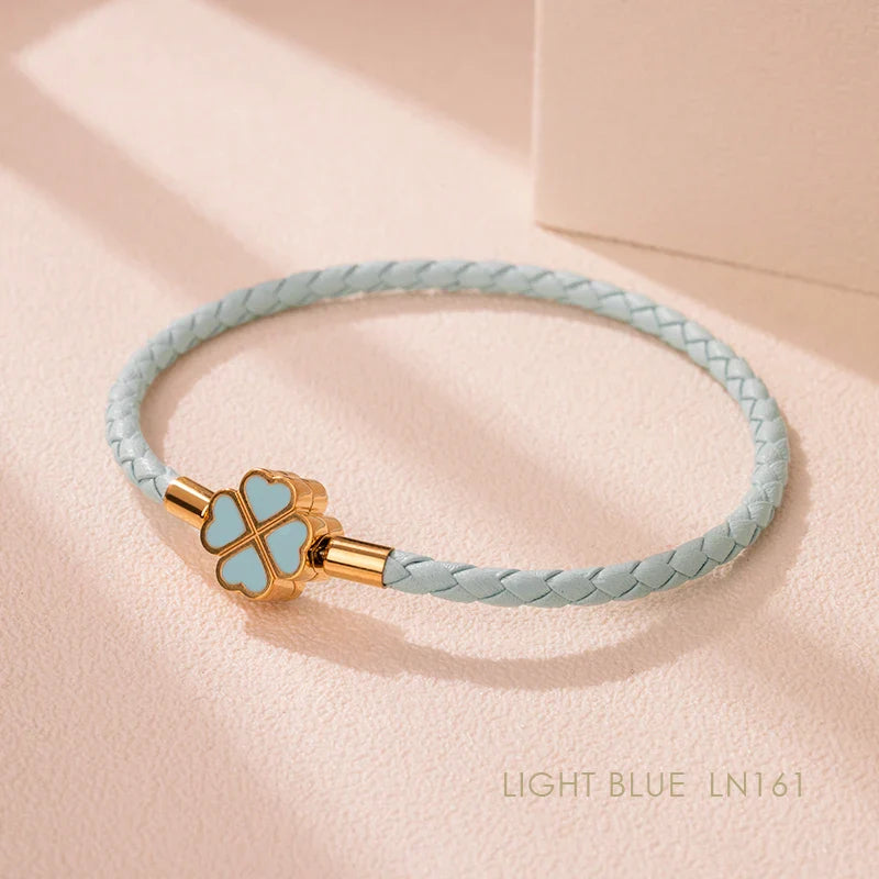 Women's Braided Leather Lucky Bracelet with Four Leaf Clover-The Yellow Prime