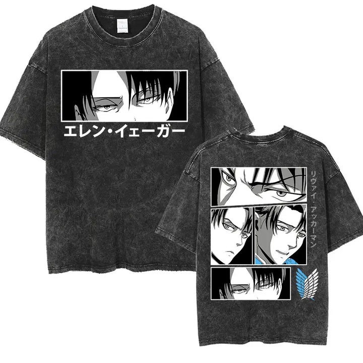 Men's Vintage Washed Anime Print T-shirt with Wings of Freedom Design-The Yellow Prime