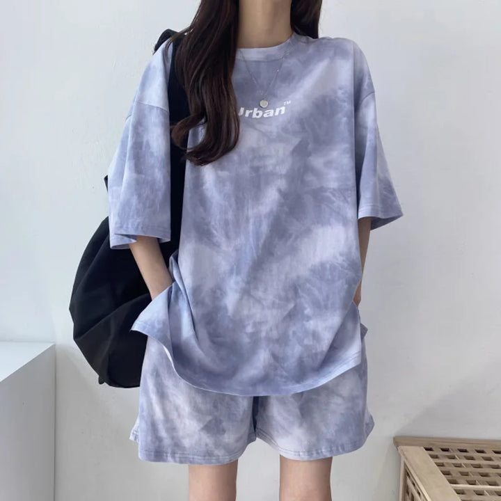 Women's Casual Tie Dye T-Shirt and Wide Leg Shorts Set-The Yellow Prime