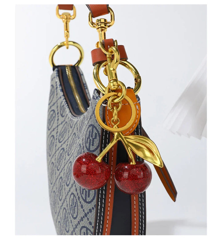 Women's Red Cherry Keychain Bag Charm with Gold Leaf Clasp-The Yellow Prime