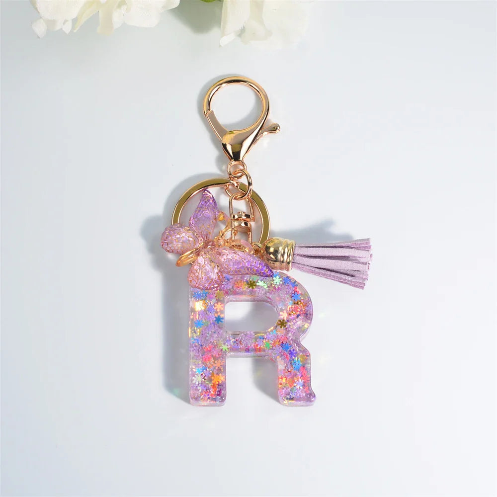 Women's Sequin Letter Keychain with Butterfly Tassel Charm-The Yellow Prime