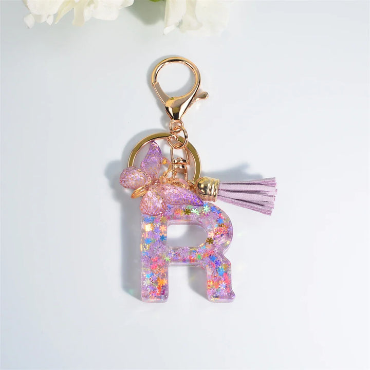 Women's Sequin Letter Keychain with Butterfly Tassel Charm-The Yellow Prime