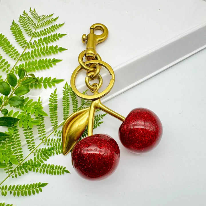 Women's Red Cherry Keychain Bag Charm with Gold Leaf Clasp-The Yellow Prime