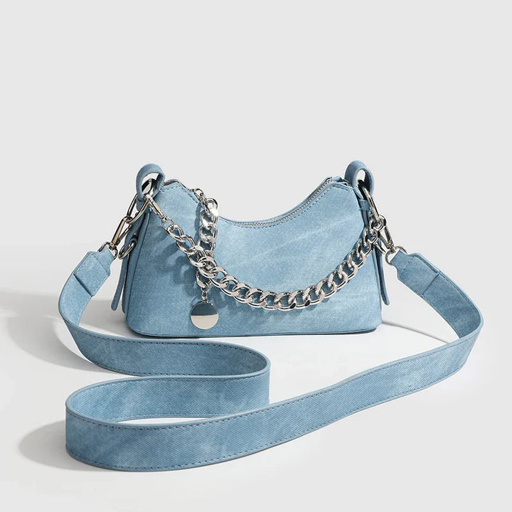 Women's Washed Denim Chain Shoulder Bag