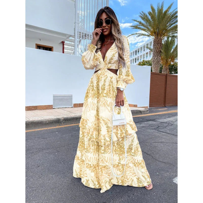 Women’s Elegant Maxi Dress – Long-Sleeved Leaf Print with Flowing Fit-The Yellow Prime
