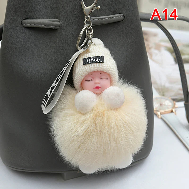 Women's Cute Pompom Sleeping Baby Plush Keychain Bag Charm-The Yellow Prime