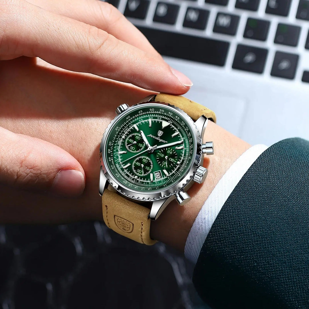 Men's Waterproof Luminous Quartz Chronograph Watch with Date Leather Band-The Yellow Prime