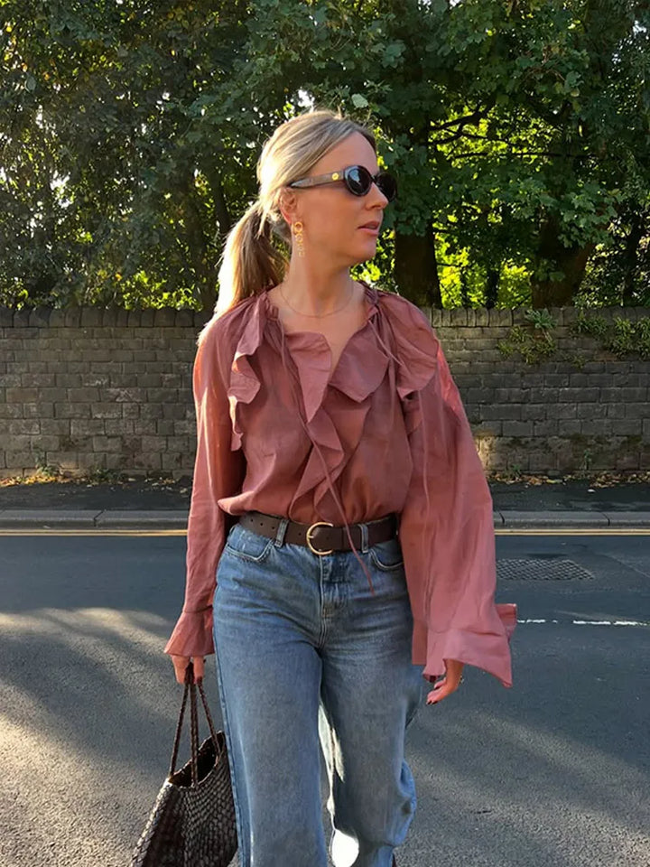 Sophia | Women's Transparent Ruffle Blouse, Brown - Elegant & Feminine Design-The Yellow Prime