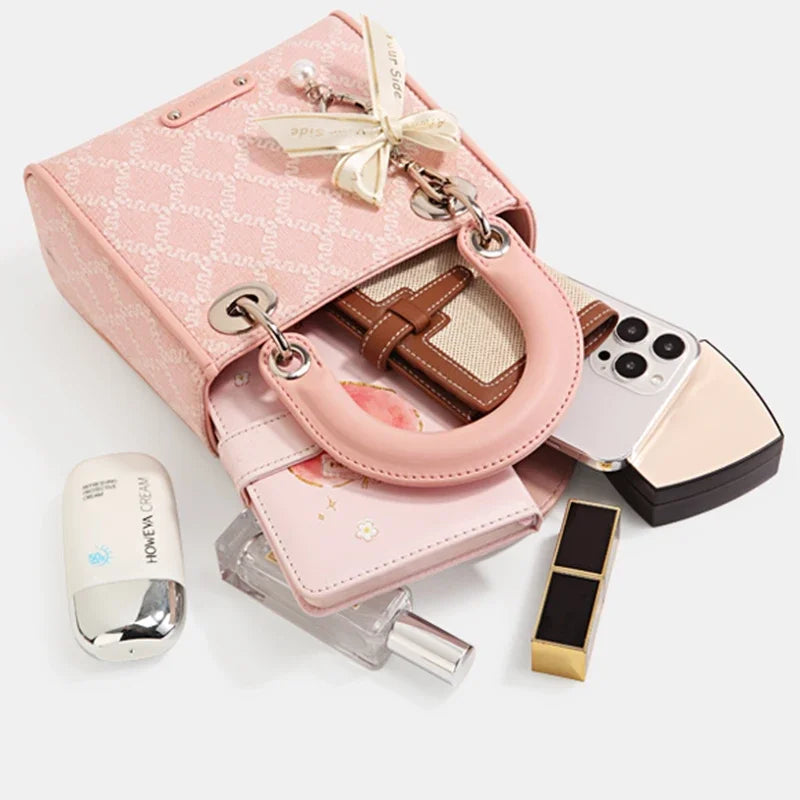 Women's Jacquard Bow Handbag with Pearl Accents