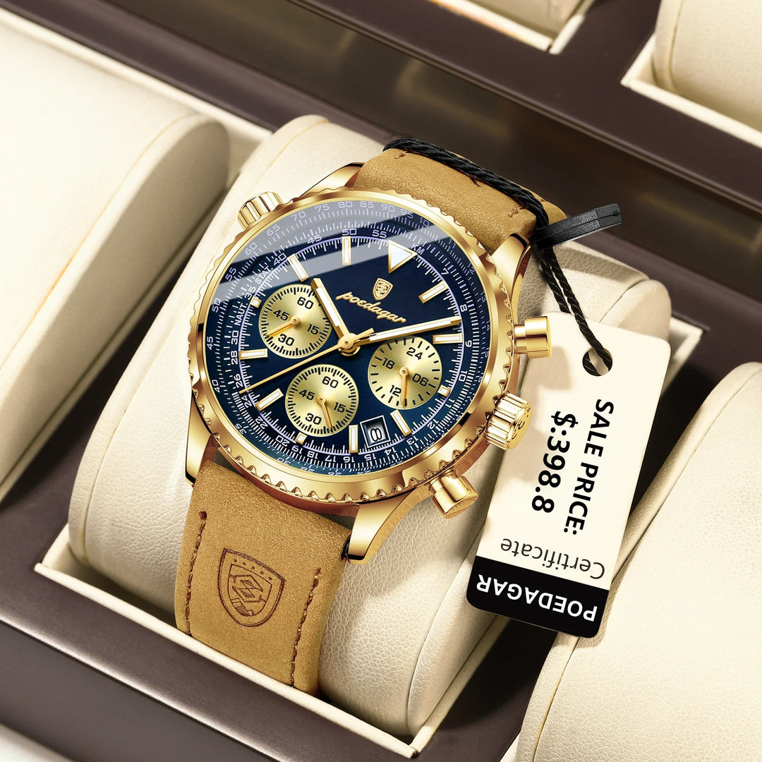 Men's Waterproof Luminous Quartz Chronograph Watch with Date Leather Band-The Yellow Prime