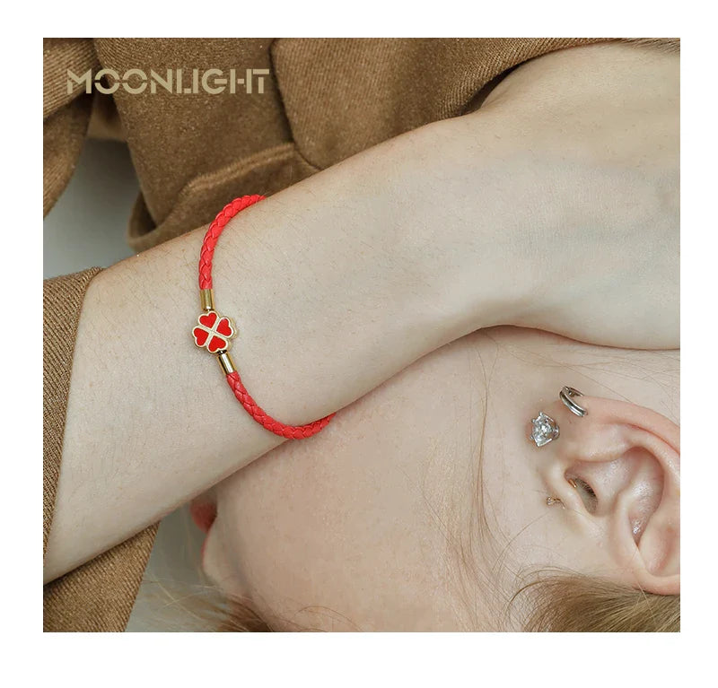 Women's Braided Leather Lucky Bracelet with Four Leaf Clover-The Yellow Prime