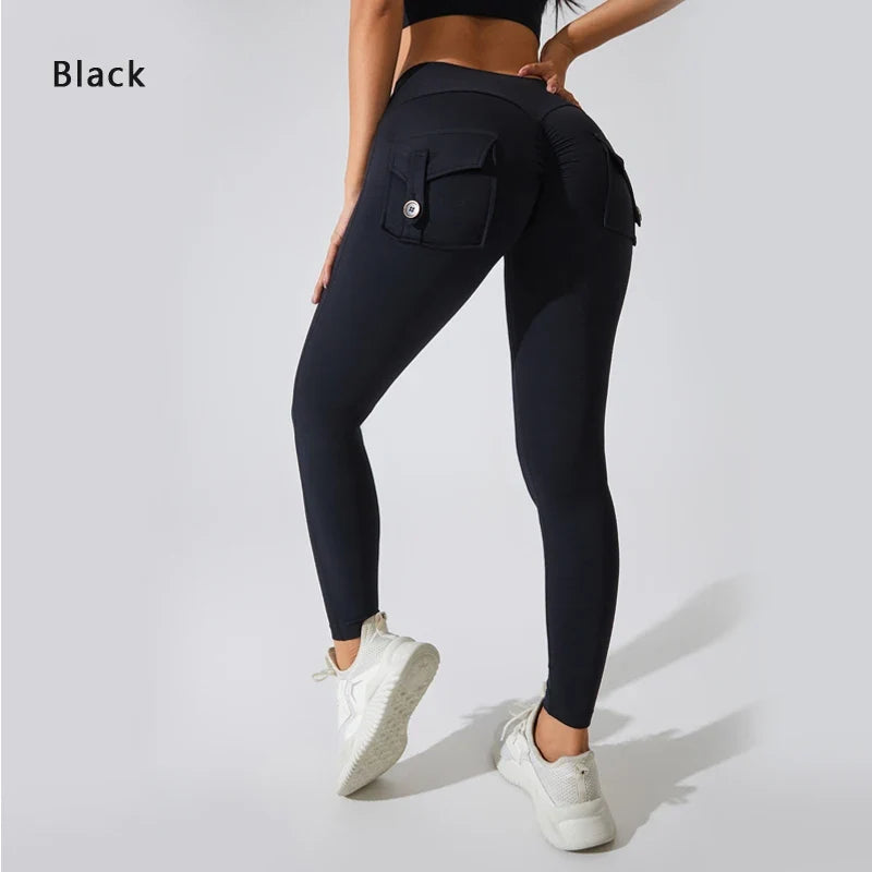 Andningsbara yogabyxor för kvinnor med ficka för rumpan, sportleggings i nylon