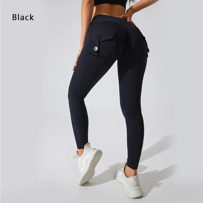 Andningsbara yogabyxor för kvinnor med ficka för rumpan, sportleggings i nylon