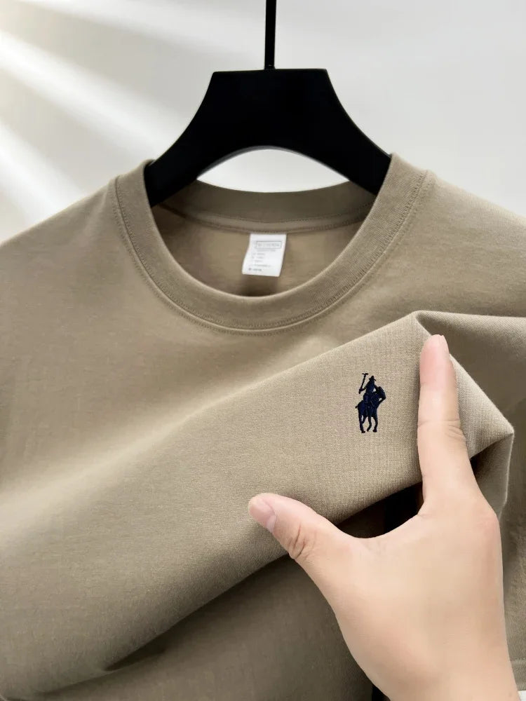 Men's Cotton Short Sleeve Round Neck T-Shirt with Pony Embroidery-The Yellow Prime