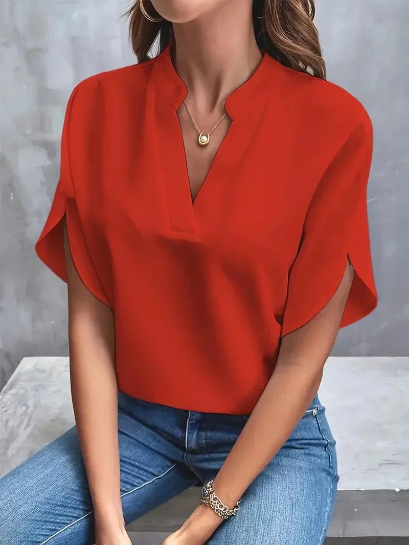 Women's V-Neck Blouse with Side Slits-The Yellow Prime