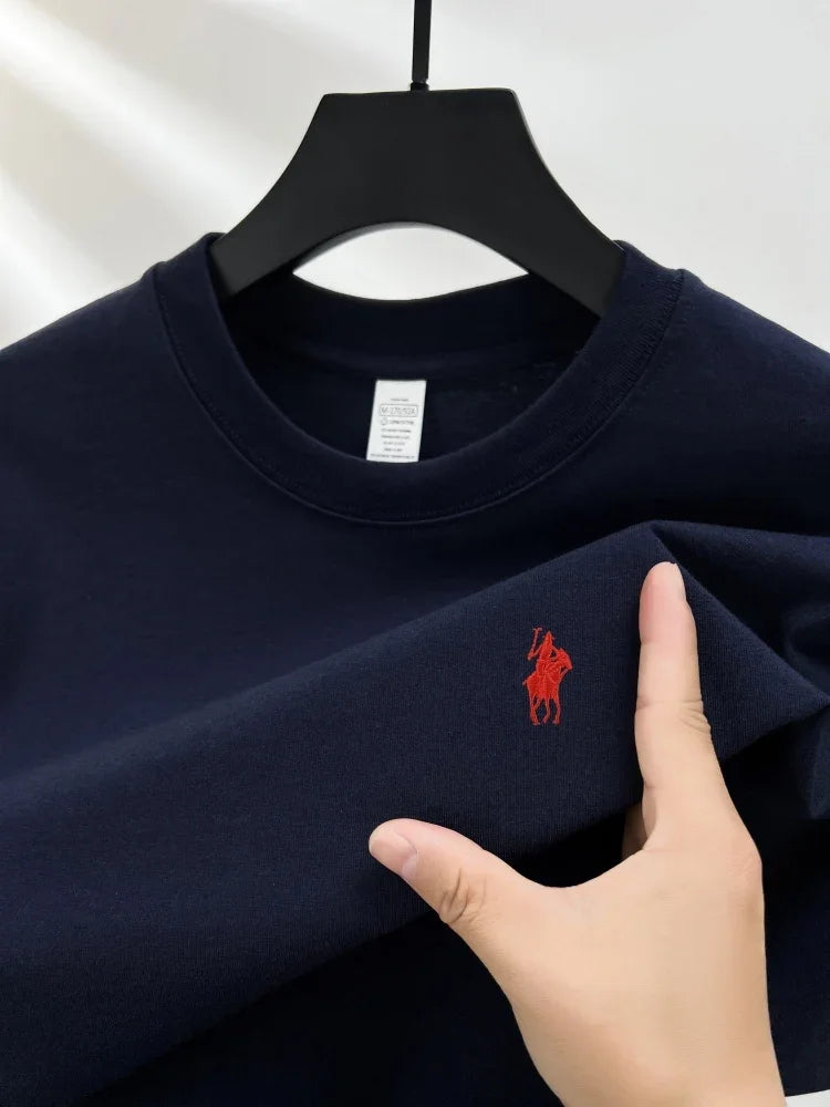 Men's Cotton Short Sleeve Round Neck T-Shirt with Pony Embroidery-The Yellow Prime