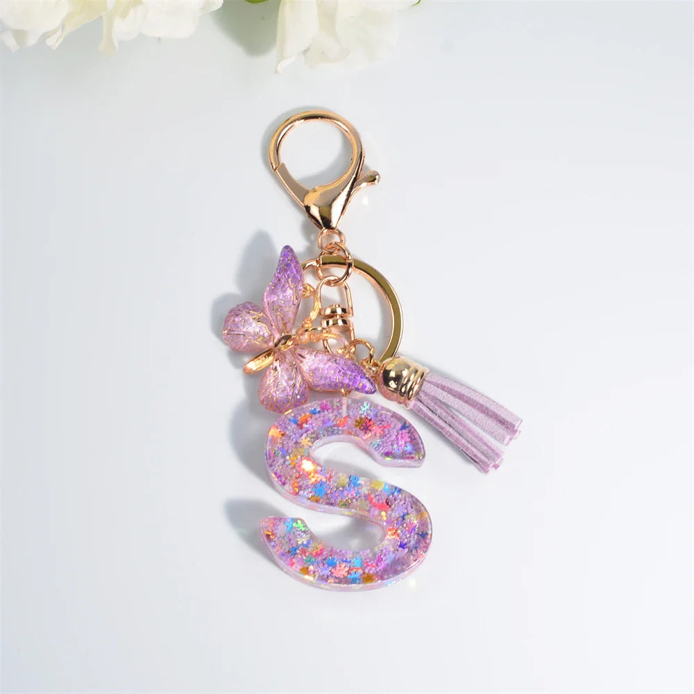 Women's Sequin Letter Keychain with Butterfly Tassel Charm-The Yellow Prime