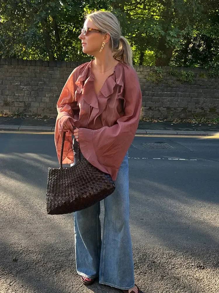 Sophia | Women's Transparent Ruffle Blouse, Brown - Elegant & Feminine Design-The Yellow Prime