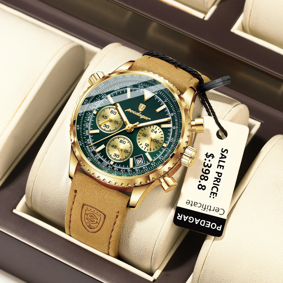 Men's Waterproof Luminous Quartz Chronograph Watch with Date Leather Band-The Yellow Prime