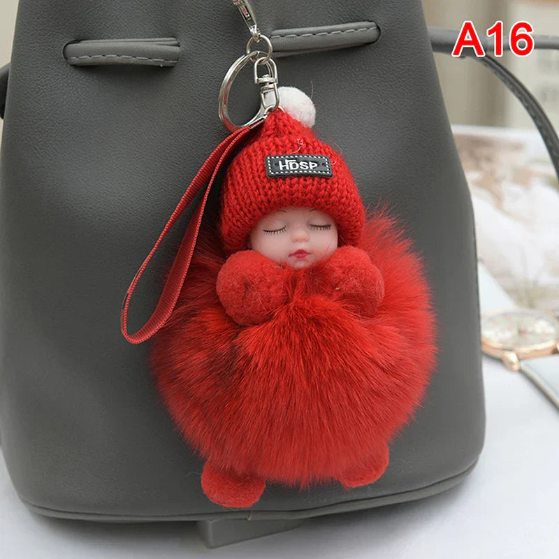 Women's Cute Pompom Sleeping Baby Plush Keychain Bag Charm-The Yellow Prime