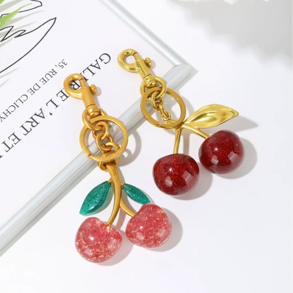 Women's Red Cherry Keychain Bag Charm with Gold Leaf Clasp-The Yellow Prime