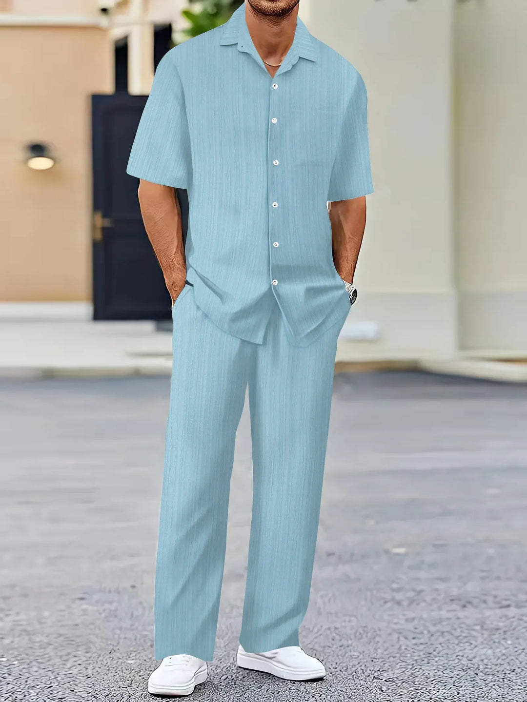 Men's Lightweight Linen Shirt and Pants Set, Striped Design, Relaxed Fit-The Yellow Prime