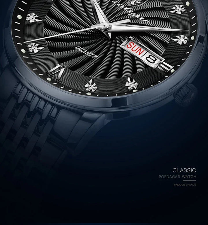 Men's Stainless Steel Luminous Quartz Wristwatch with Date and Week-The Yellow Prime