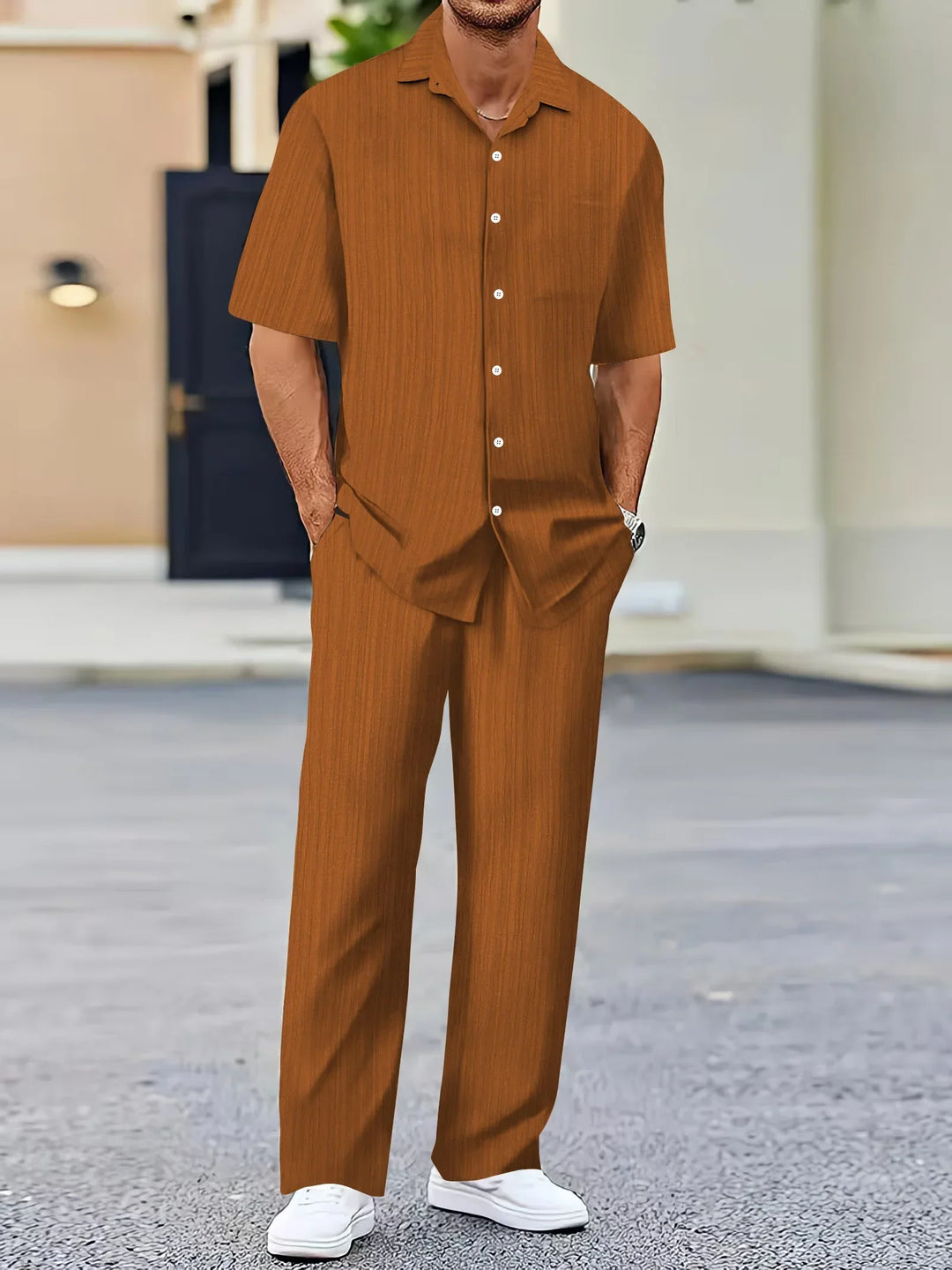 Men's Lightweight Linen Shirt and Pants Set, Striped Design, Relaxed Fit-The Yellow Prime