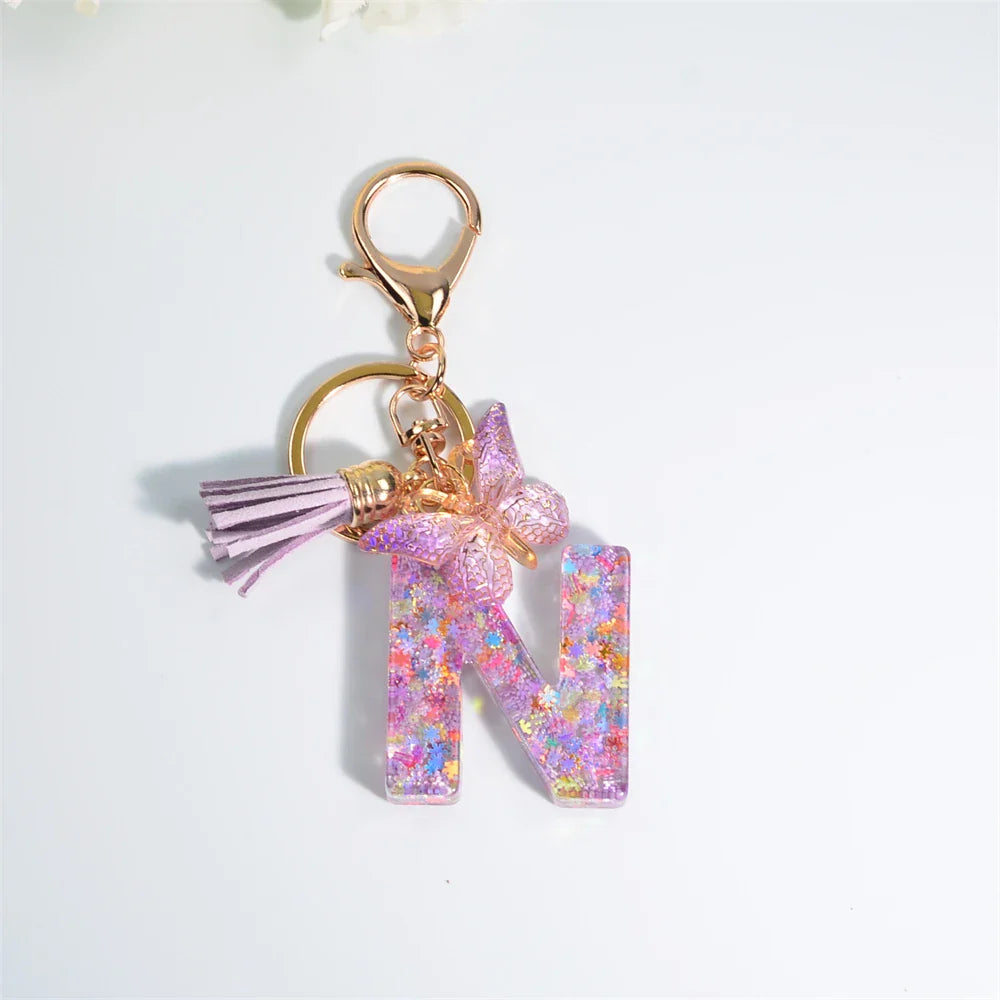 Women's Sequin Letter Keychain with Butterfly Tassel Charm-The Yellow Prime
