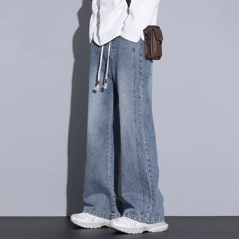 Men's Wide-Leg Denim Jeans with Drawstring Waist