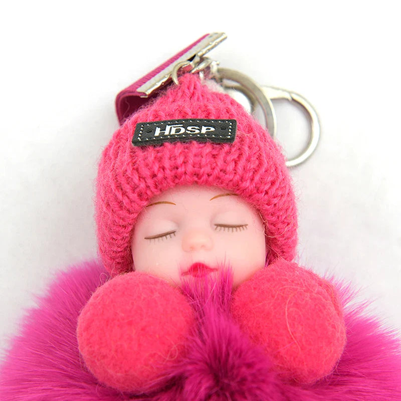 Women's Cute Pompom Sleeping Baby Plush Keychain Bag Charm-The Yellow Prime