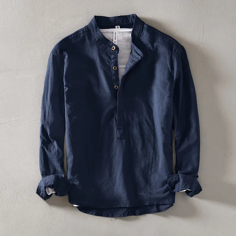 Men's Linen Mandarin Collar Shirt-The Yellow Prime
