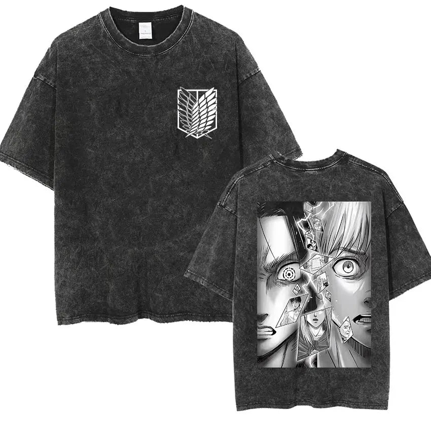 Men's Vintage Washed Anime Print T-shirt with Wings of Freedom Design-The Yellow Prime