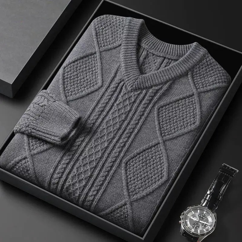 William | Men's Cable Knit V-Neck Wool Pullover Sweater
