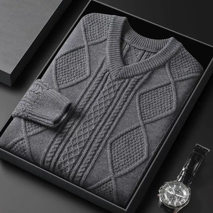 William | Men's Cable Knit V-Neck Wool Pullover Sweater