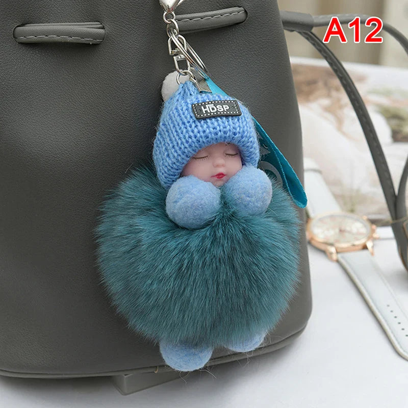 Women's Cute Pompom Sleeping Baby Plush Keychain Bag Charm-The Yellow Prime