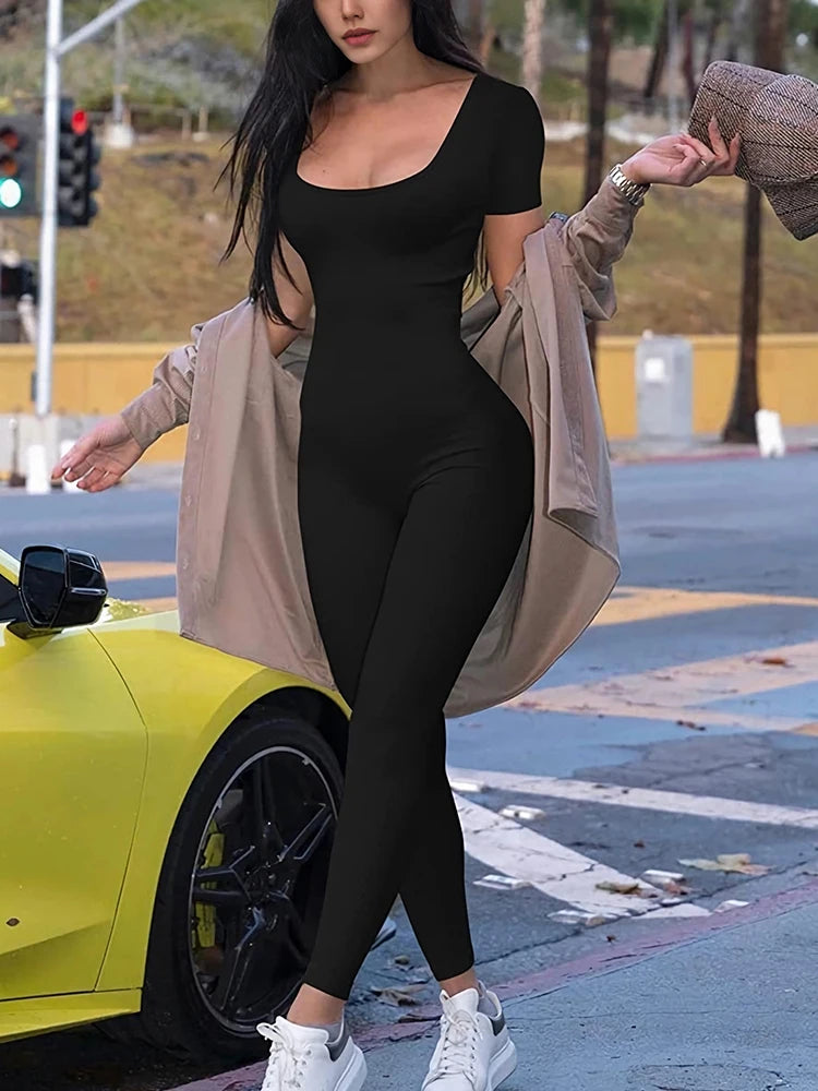 Women's Short Sleeve Solid Bodycon Jumpsuit for Casual Fitness Wear-The Yellow Prime