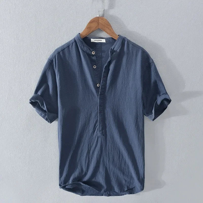 Men's Breathable Cotton Linen Loose Fit Short Sleeve Shirt-The Yellow Prime
