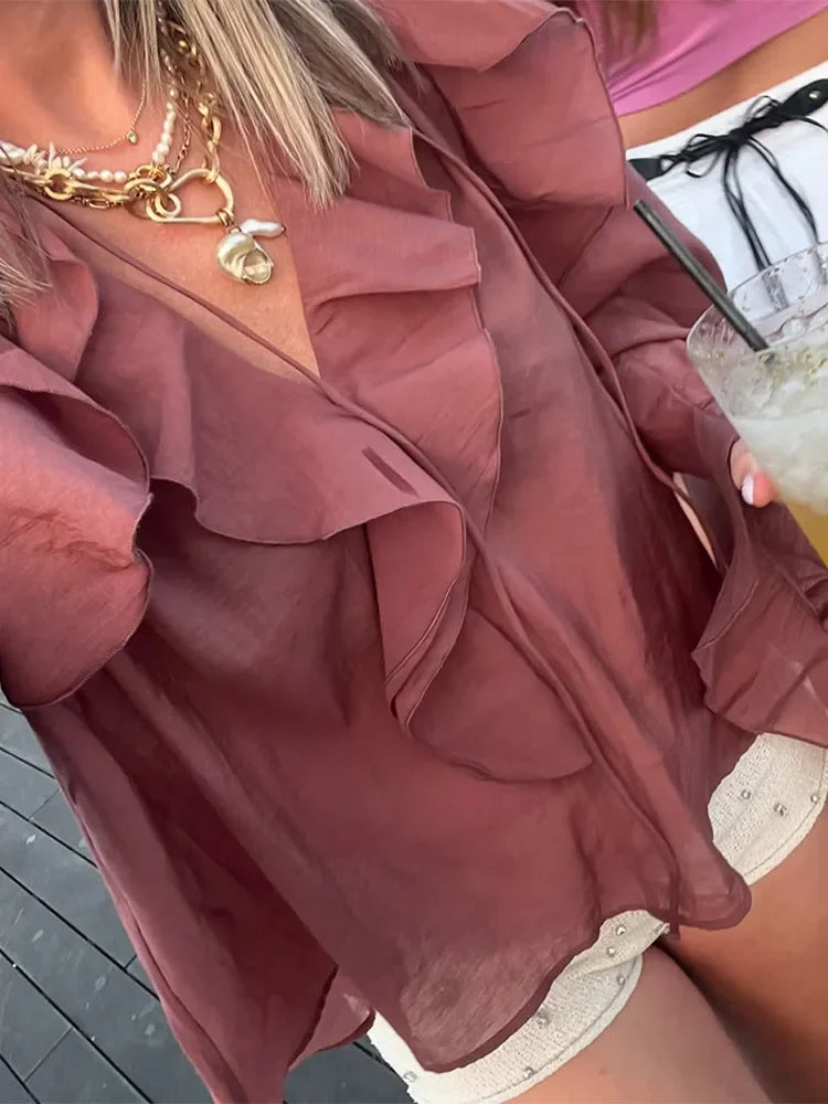 Sophia | Women's Transparent Ruffle Blouse, Brown - Elegant & Feminine Design-The Yellow Prime