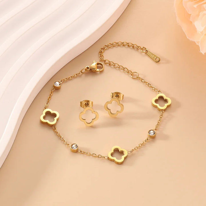 Women's Clover Flower Stainless Steel Bracelet Set - Gold Gift-The Yellow Prime