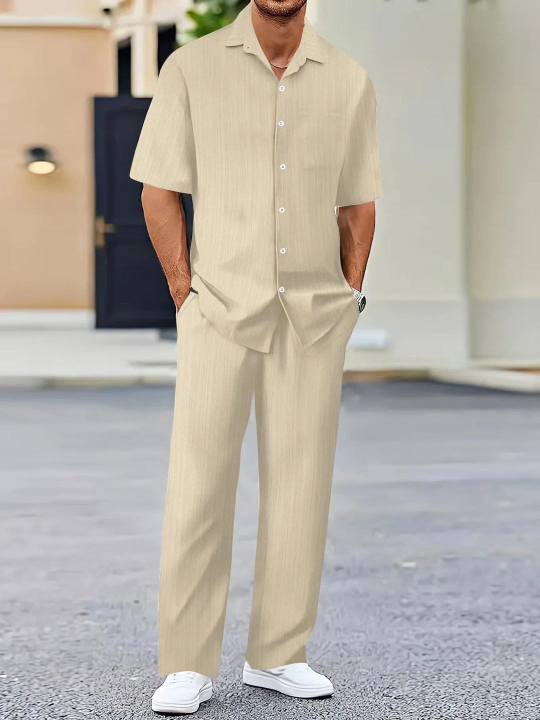 Men's Lightweight Linen Shirt and Pants Set, Striped Design, Relaxed Fit-The Yellow Prime