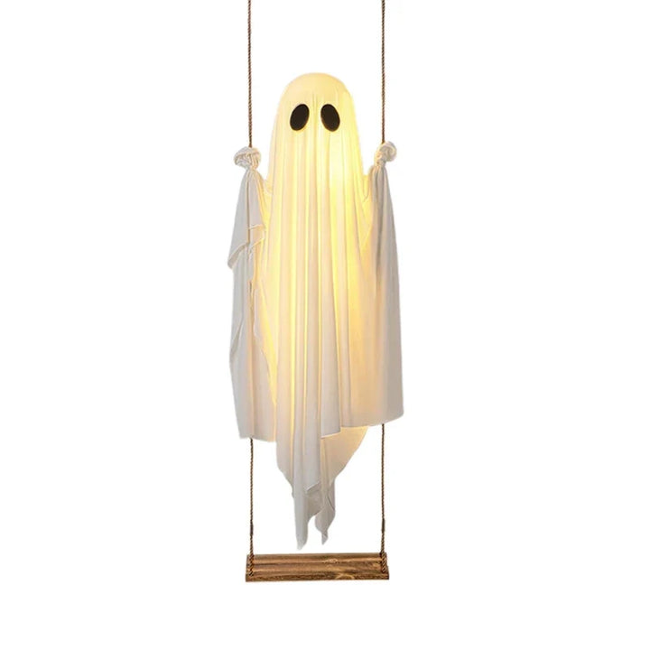 Buitenschommel met spook voor Halloween, met verlichting en houten zitje