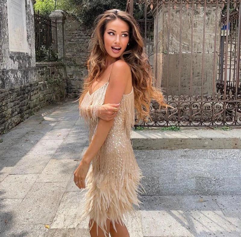 Samantha | Women's Fringe Feather Mini Dress-The Yellow Prime