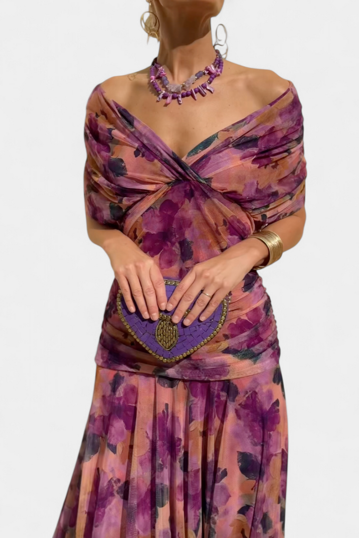 Samantha | Women's Pleated Off-Shoulder Maxi Dress-The Yellow Prime
