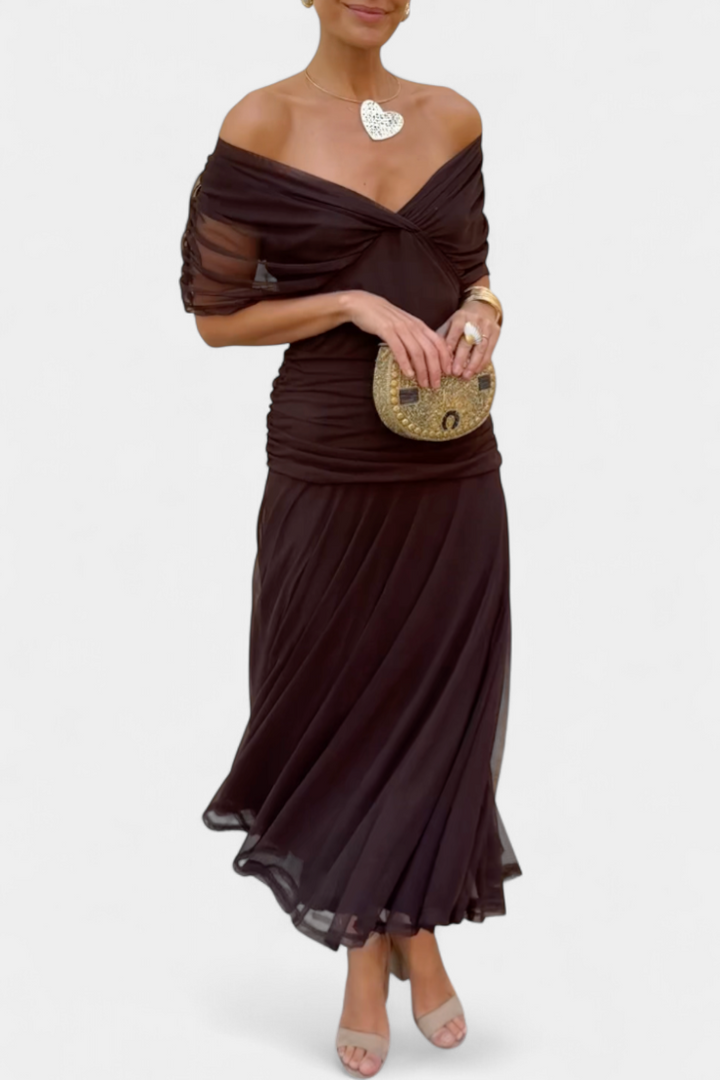Samantha | Women's Pleated Off-Shoulder Maxi Dress-The Yellow Prime